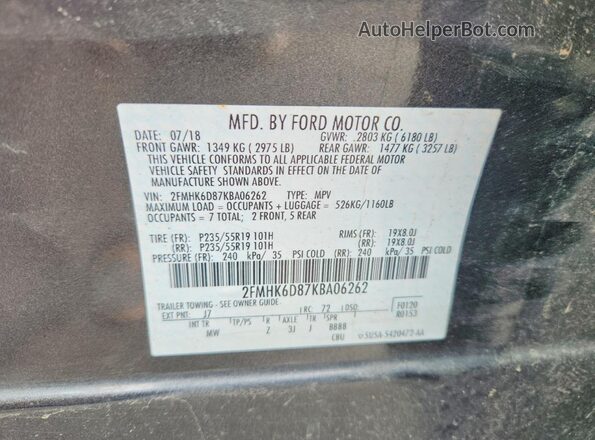 2FMHK6D87KBA06262 2019 FORD FLEX Charcoal VIN კოდის სტიკერის ხედი