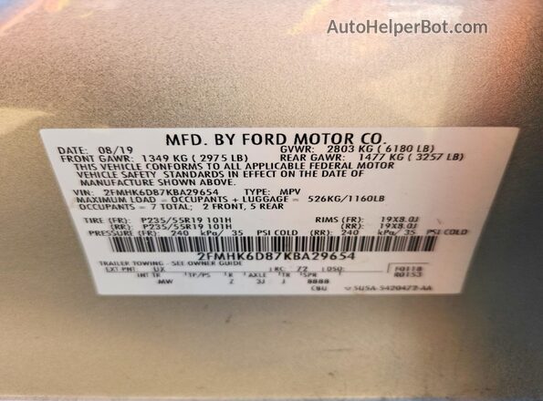2FMHK6D87KBA29654 2019 FORD FLEX Silver Widok naklejki z numerem VIN