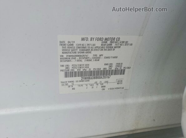 2FMHK6D88KBA20767 2019 FORD FLEX Белый Вид подкапотного пространства