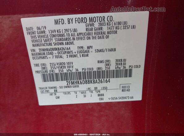 2FMHK6D88KBA26164 2019 FORD FLEX Red Vista del compartimento del motor