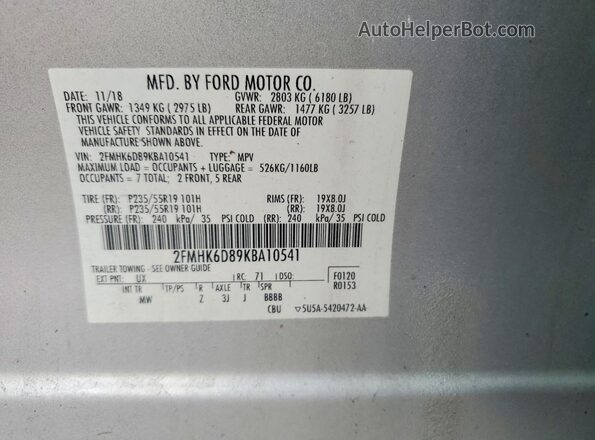 2FMHK6D89KBA10541 2019 FORD FLEX Silver Вид наклейки з VIN-кодом