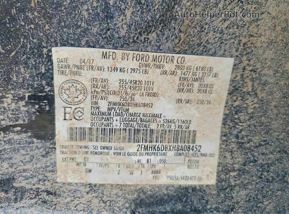 2FMHK6D8XHBA08452 2017 FORD FLEX Black Вид наклейки з VIN-кодом