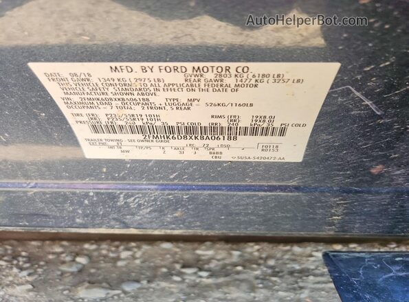 2FMHK6D8XKBA06188 2019 FORD FLEX Blue Widok naklejki z numerem VIN