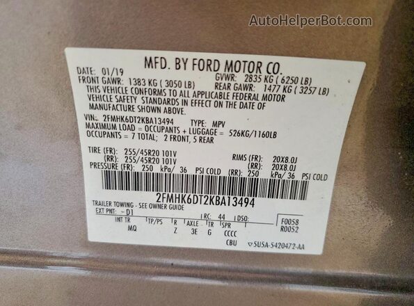 2FMHK6DT2KBA13494 2019 FORD FLEX Brown Vista de la etiqueta del VIN