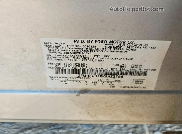 2FMHK6DTXKBA22766 2019 FORD FLEX Silver Vista de la etiqueta del VIN