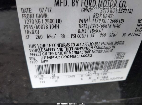 2FMPK3G90HBC34983 2017 FORD EDGE Black Widok komory silnika