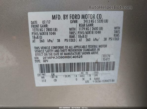 2FMPK3G90HBC40525 2017 FORD EDGE Gold Вид підкапотного простору
