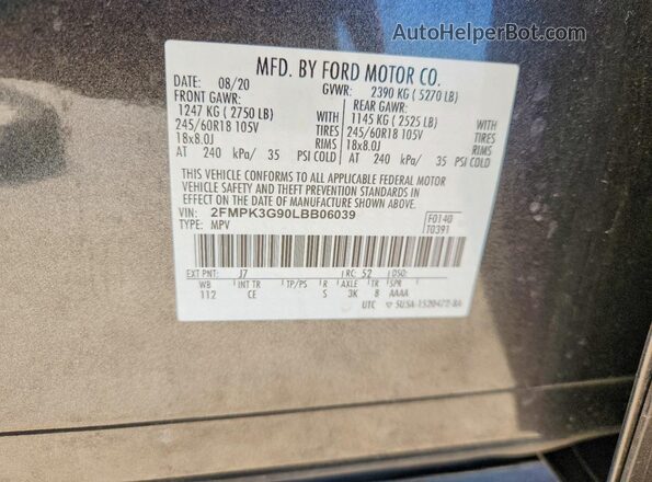 2FMPK3G90LBB06039 2020 FORD EDGE Gray Вид наклейки з VIN-кодом