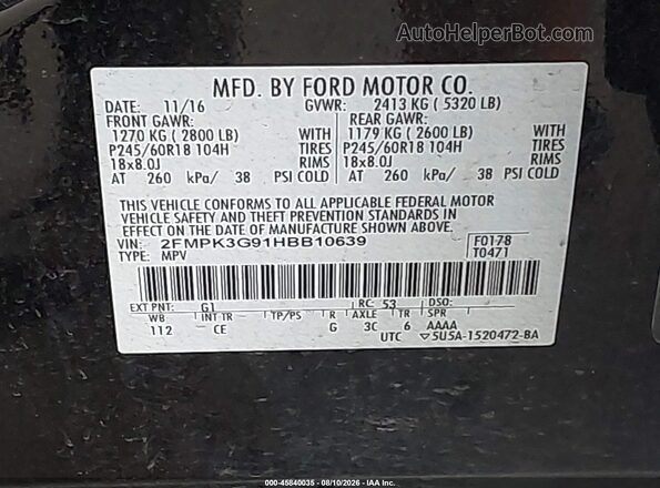 2FMPK3G91HBB10639 2017 FORD EDGE Black ძრავის განყოფილების ხედი