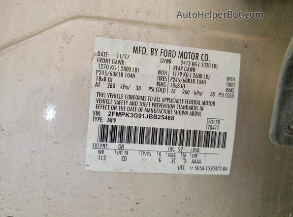 2FMPK3G91JBB25468 2018 FORD EDGE Silver Widok naklejki z numerem VIN