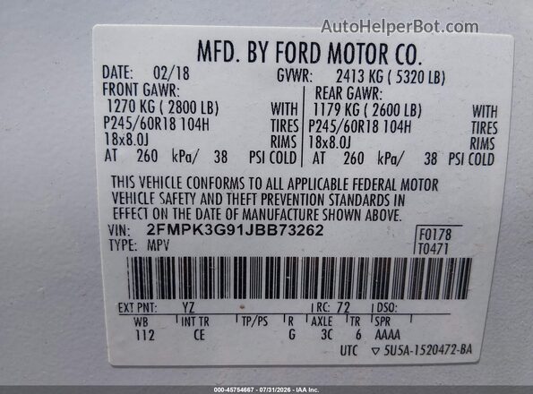 2FMPK3G91JBB73262 2018 FORD EDGE White Widok komory silnika