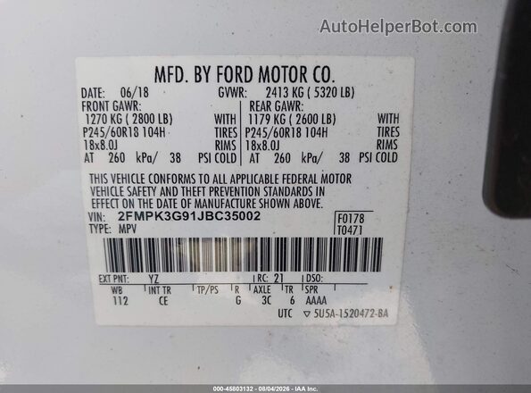 2FMPK3G91JBC35002 2018 FORD EDGE White Widok komory silnika