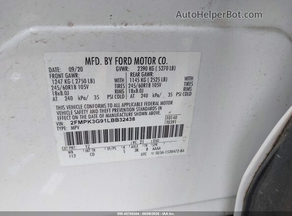 2FMPK3G91LBB32438 2020 FORD EDGE White Вид підкапотного простору