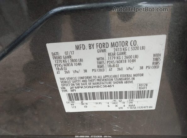 2FMPK3G92HBC36461 2017 FORD EDGE Gray ძრავის განყოფილების ხედი