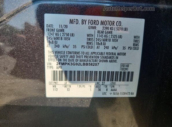 2FMPK3G92LBB58207 2020 FORD EDGE Gray Vista interior de 360 grados