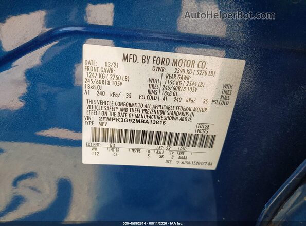 2FMPK3G92MBA13816 2021 FORD EDGE Blue ძრავის განყოფილების ხედი
