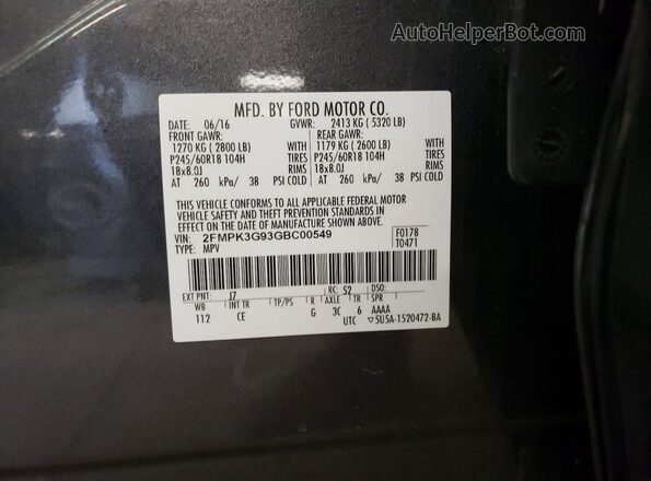 2FMPK3G93GBC00549 2016 FORD EDGE Gray Vista del compartimento del motor