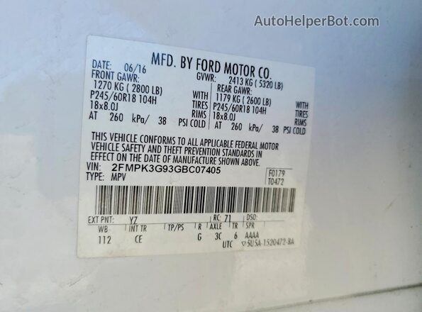 2FMPK3G93GBC07405 2016 FORD EDGE White Панорамний вид салону 360°