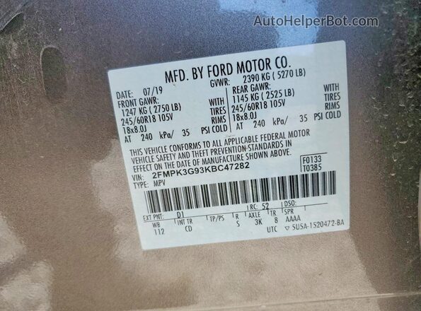 2FMPK3G93KBC47282 2019 FORD EDGE Charcoal VIN sticker view