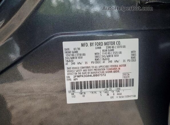 2FMPK3G94LBB07372 2020 FORD EDGE Gray Вид підкапотного простору