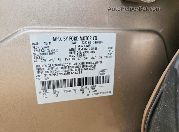 2FMPK3G94MBA16331 2021 FORD EDGE Beige Панорамний вид салону 360°