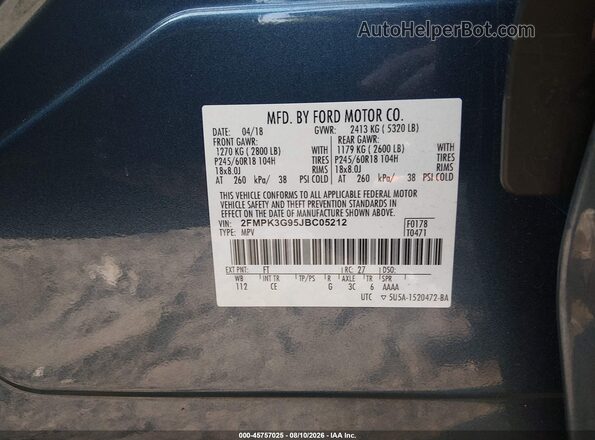 2FMPK3G95JBC05212 2018 FORD EDGE Blue Vista del compartimento del motor