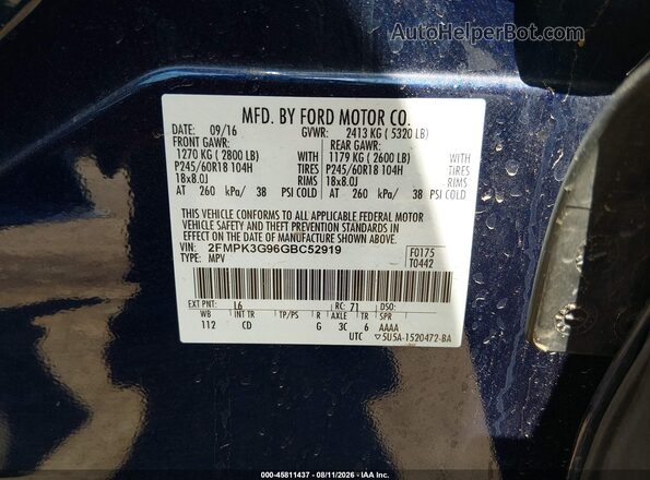 2FMPK3G96GBC52919 2016 FORD EDGE Blue Вид підкапотного простору