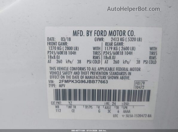 2FMPK3G96JBB77663 2018 FORD EDGE White ძრავის განყოფილების ხედი