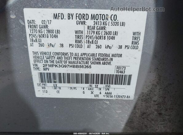 2FMPK3G97HBB56265 2017 FORD EDGE Gray Vista del compartimento del motor