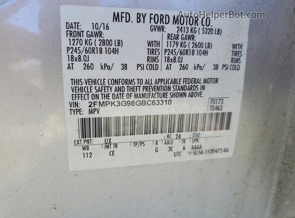 2FMPK3G98GBC63310 2016 FORD EDGE Серебряный Панорамный вид салона 360°