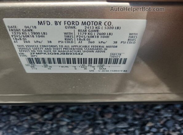 2FMPK3G98JBB93542 2018 FORD EDGE Gold VIN sticker view