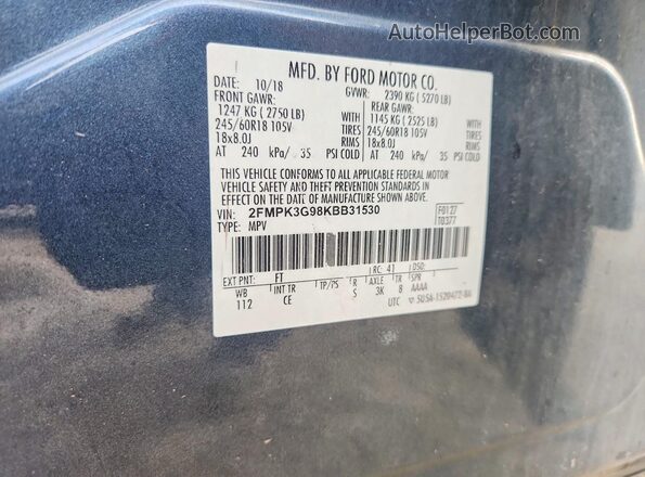 2FMPK3G98KBB31530 2019 FORD EDGE Blue Vista del compartimento del motor