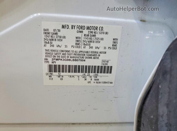 2FMPK3G98LBB07004 2020 FORD EDGE White Widok naklejki z numerem VIN