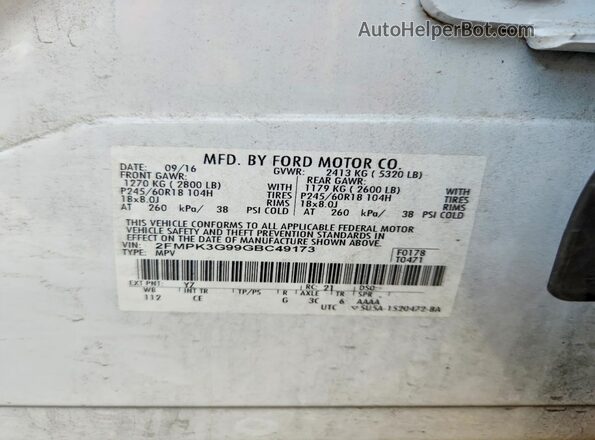 2FMPK3G99GBC49173 2016 FORD EDGE White Widok naklejki z numerem VIN
