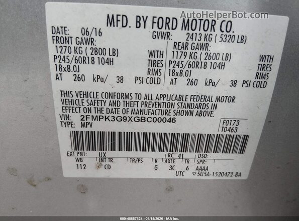2FMPK3G9XGBC00046 2016 FORD EDGE Silver ძრავის განყოფილების ხედი
