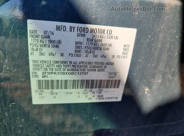 2FMPK3G9XGBC13797 2016 FORD EDGE Teal Widok naklejki z numerem VIN