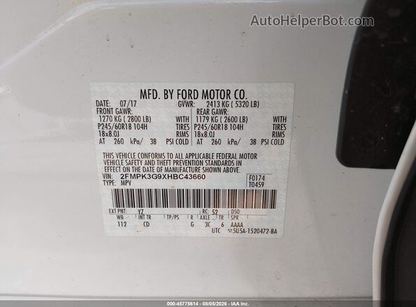 2FMPK3G9XHBC43660 2017 FORD EDGE Белый Вид подкапотного пространства