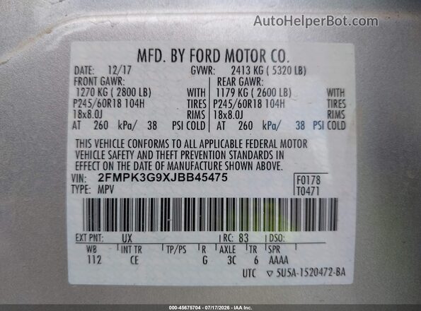 2FMPK3G9XJBB45475 2018 FORD EDGE Silver ძრავის განყოფილების ხედი