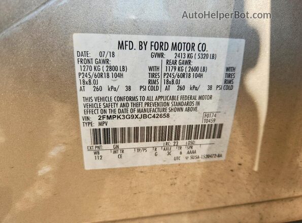 2FMPK3G9XJBC42658 2018 FORD EDGE Золотой Вид наклейки с VIN-кодом