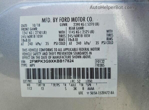 2FMPK3G9XKBB17824 2019 FORD EDGE Silver VIN կոդի պիտակի տեսք