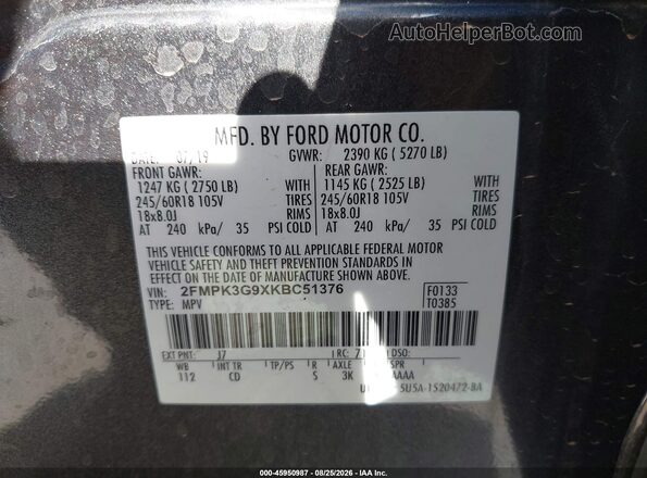 2FMPK3G9XKBC51376 2019 FORD EDGE Gray Engine compartment view