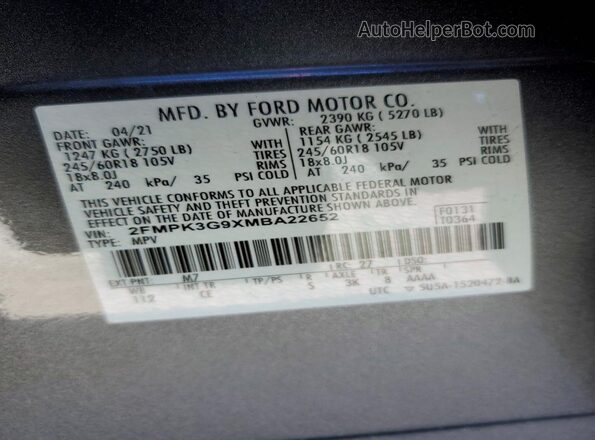 2FMPK3G9XMBA22652 2021 FORD EDGE Gray Vista de la etiqueta del VIN