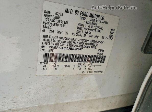 2FMPK3J80JBB62947 2018 FORD EDGE White VIN კოდის სტიკერის ხედი