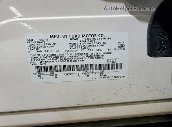 2FMPK3J82JBC25448 2018 FORD EDGE White Vista interior de 360 grados