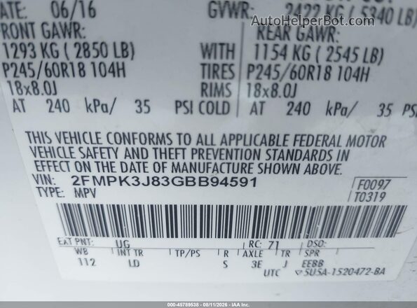 2FMPK3J83GBB94591 2016 FORD EDGE White Widok komory silnika