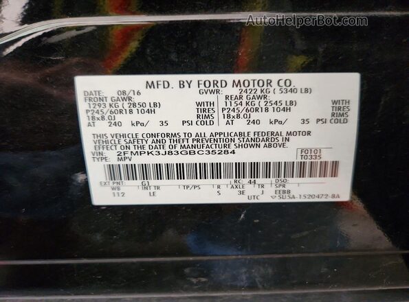 2FMPK3J83GBC35284 2016 FORD EDGE Black Widok naklejki z numerem VIN