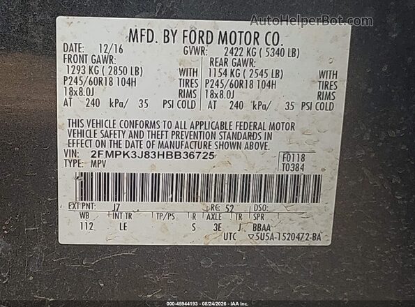 2FMPK3J83HBB36725 2017 FORD EDGE Gray Vista del compartimento del motor