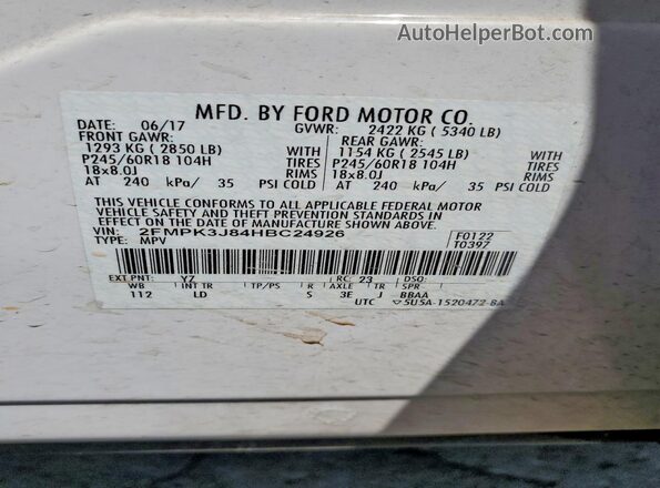 2FMPK3J84HBC24926 2017 FORD EDGE White Вид наклейки з VIN-кодом