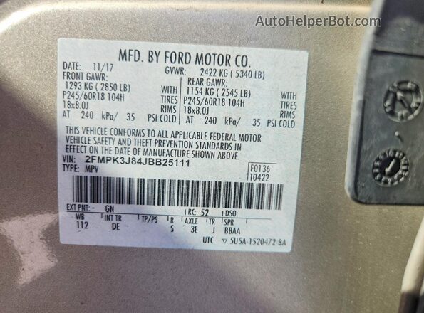 2FMPK3J84JBB25111 2018 FORD EDGE Золотой Вид наклейки с VIN-кодом
