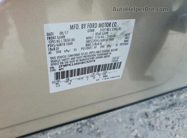2FMPK3J86HBC52078 2017 FORD EDGE Beige Вид наклейки з VIN-кодом